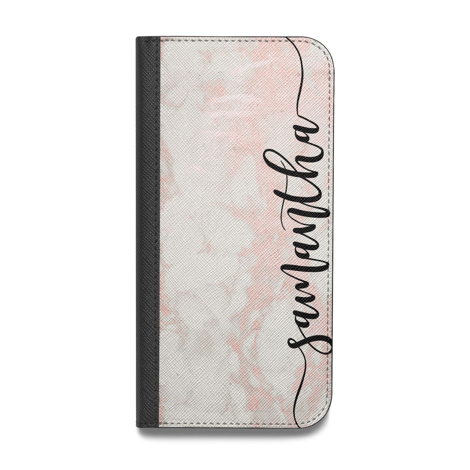 Pink Marble Vertical Black Personalised Name Vegan Leather Flip Samsung Case