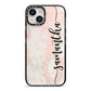 Pink Marble Vertical Black Personalised Name iPhone 14 Black Impact Case on Silver phone