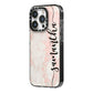 Pink Marble Vertical Black Personalised Name iPhone 14 Pro Black Impact Case Side Angle on Silver phone