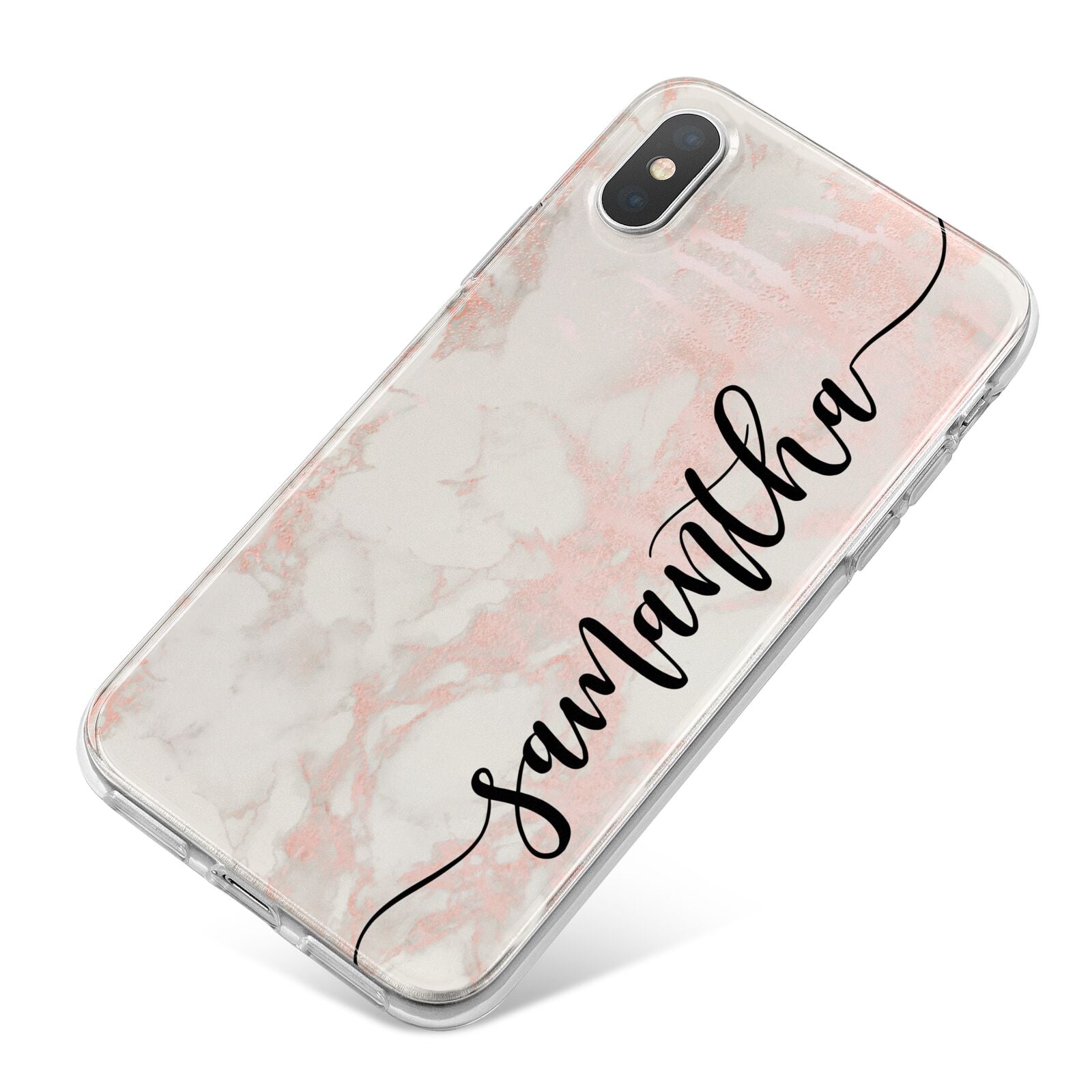 Pink Marble Vertical Black Personalised Name iPhone X Bumper Case on Silver iPhone