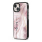 Pink Marble iPhone 13 Black Impact Case Side Angle on Silver phone