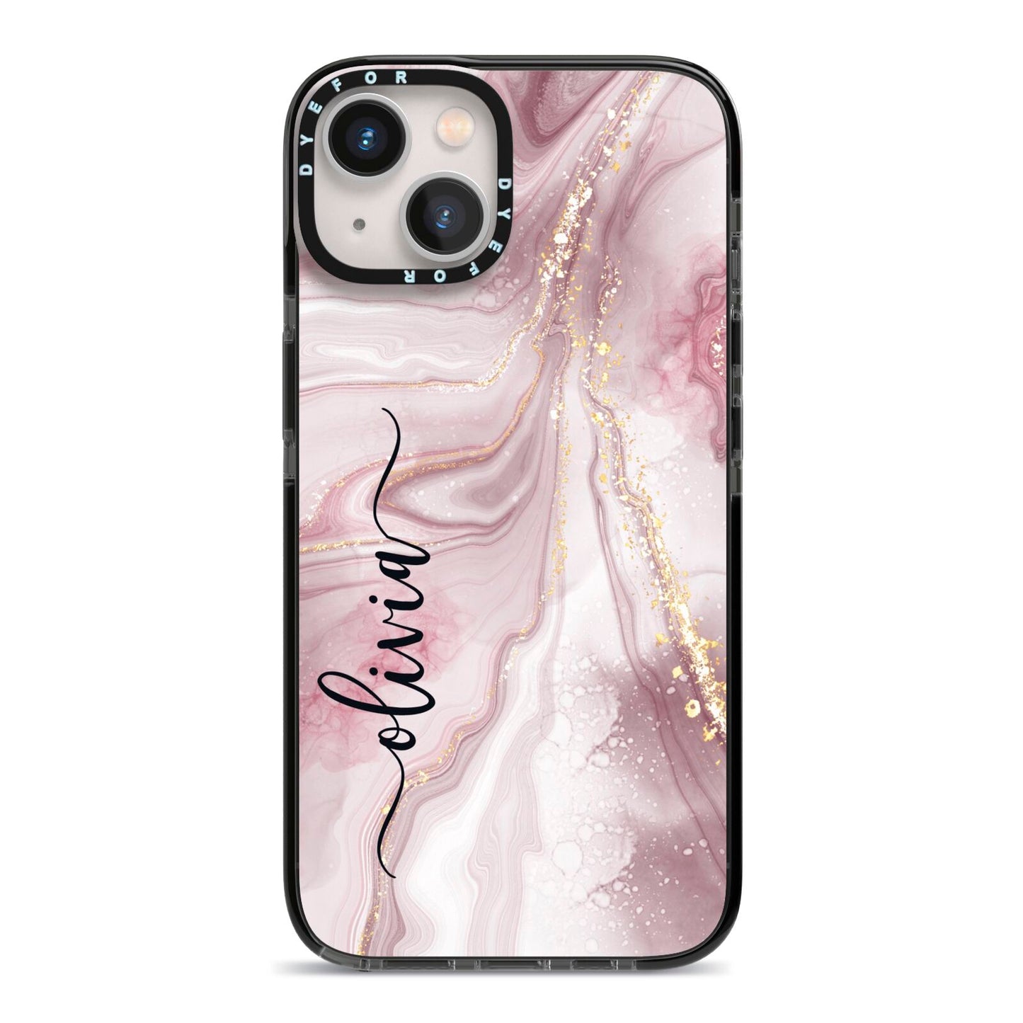 Pink Marble iPhone 13 Black Impact Case on Silver phone