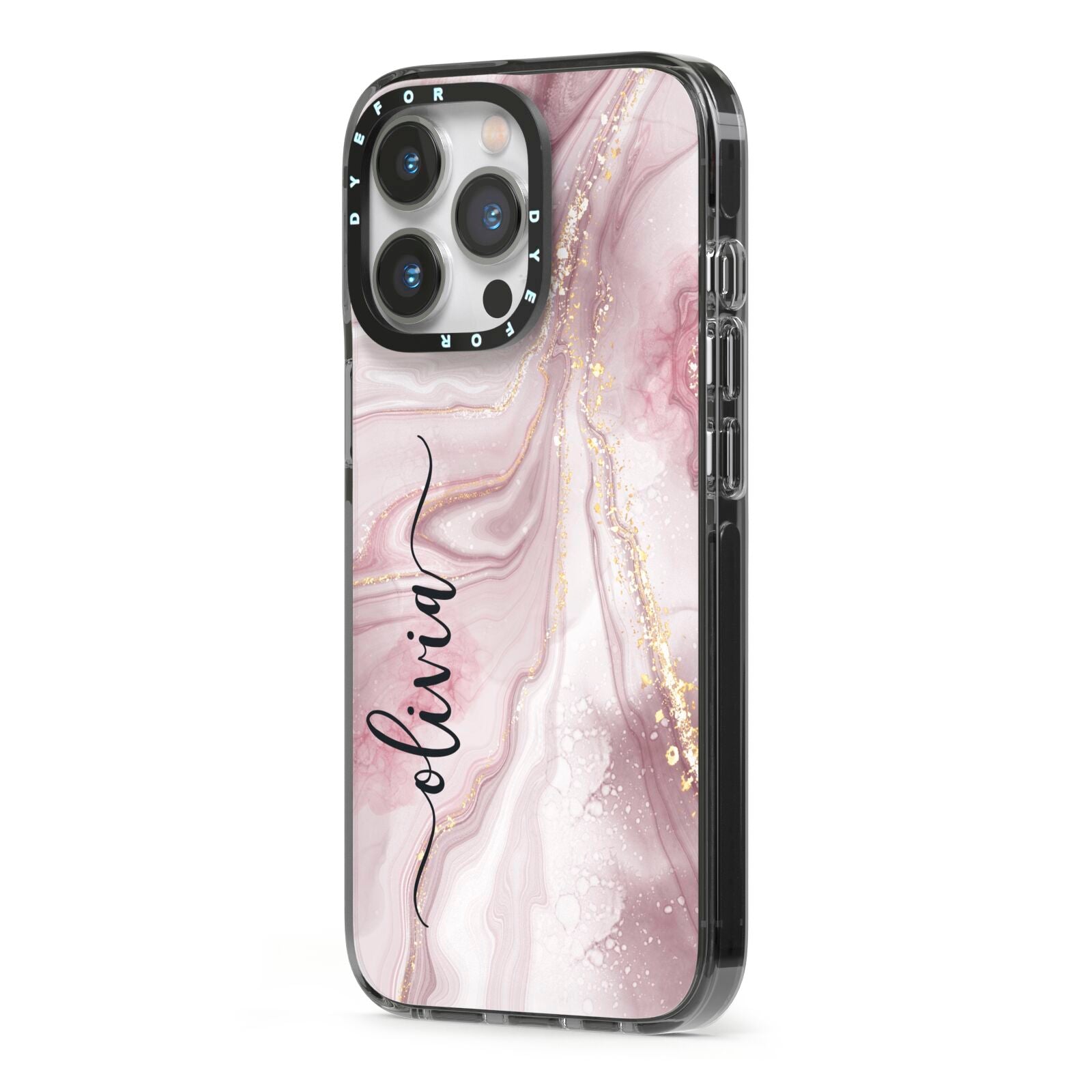 Pink Marble iPhone 13 Pro Black Impact Case Side Angle on Silver phone