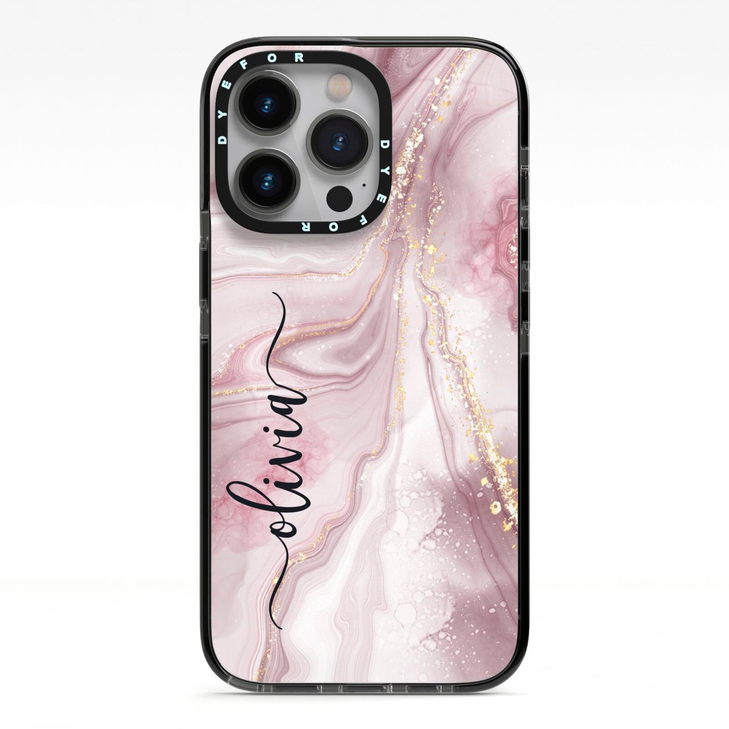 Pink Marble iPhone 13 Pro Black Impact Case on Silver phone