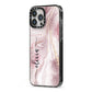Pink Marble iPhone 13 Pro Max Black Impact Case Side Angle on Silver phone
