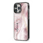 Pink Marble iPhone 13 Pro Max Black Impact Case Side Angle on Silver phone