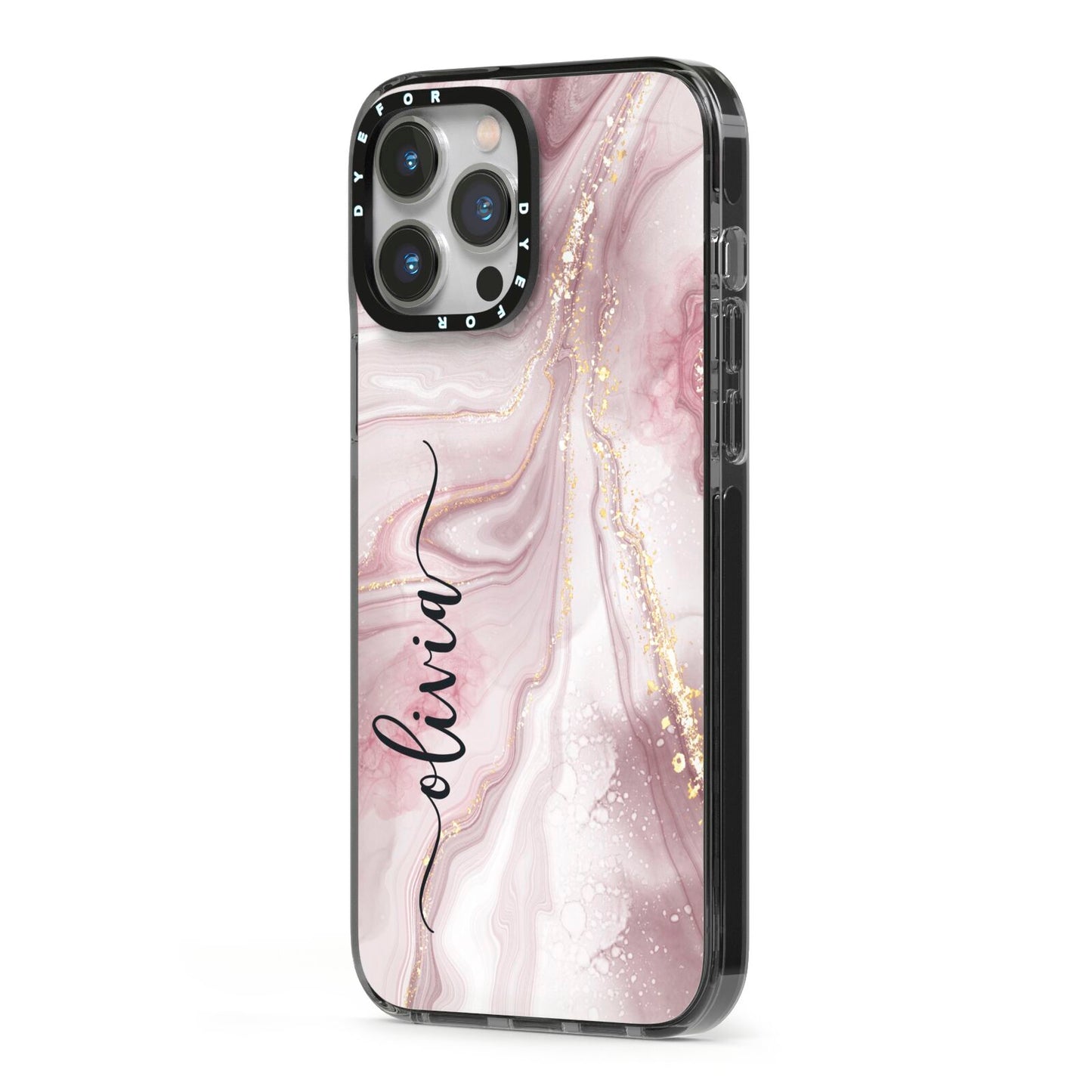 Pink Marble iPhone 13 Pro Max Black Impact Case Side Angle on Silver phone