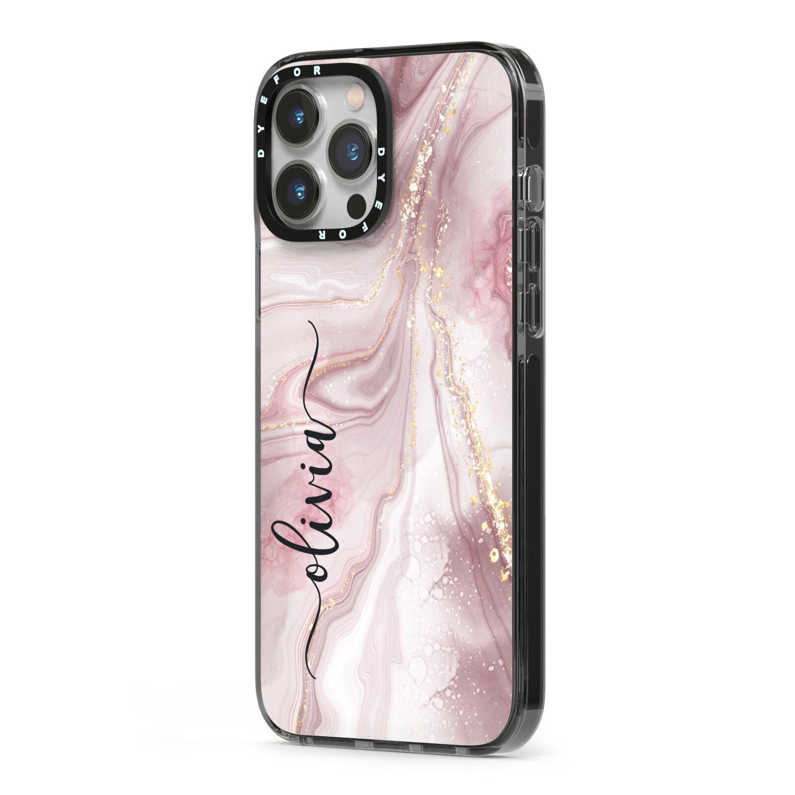 Pink Marble iPhone 13 Pro Max Black Impact Case Side Angle on Silver phone