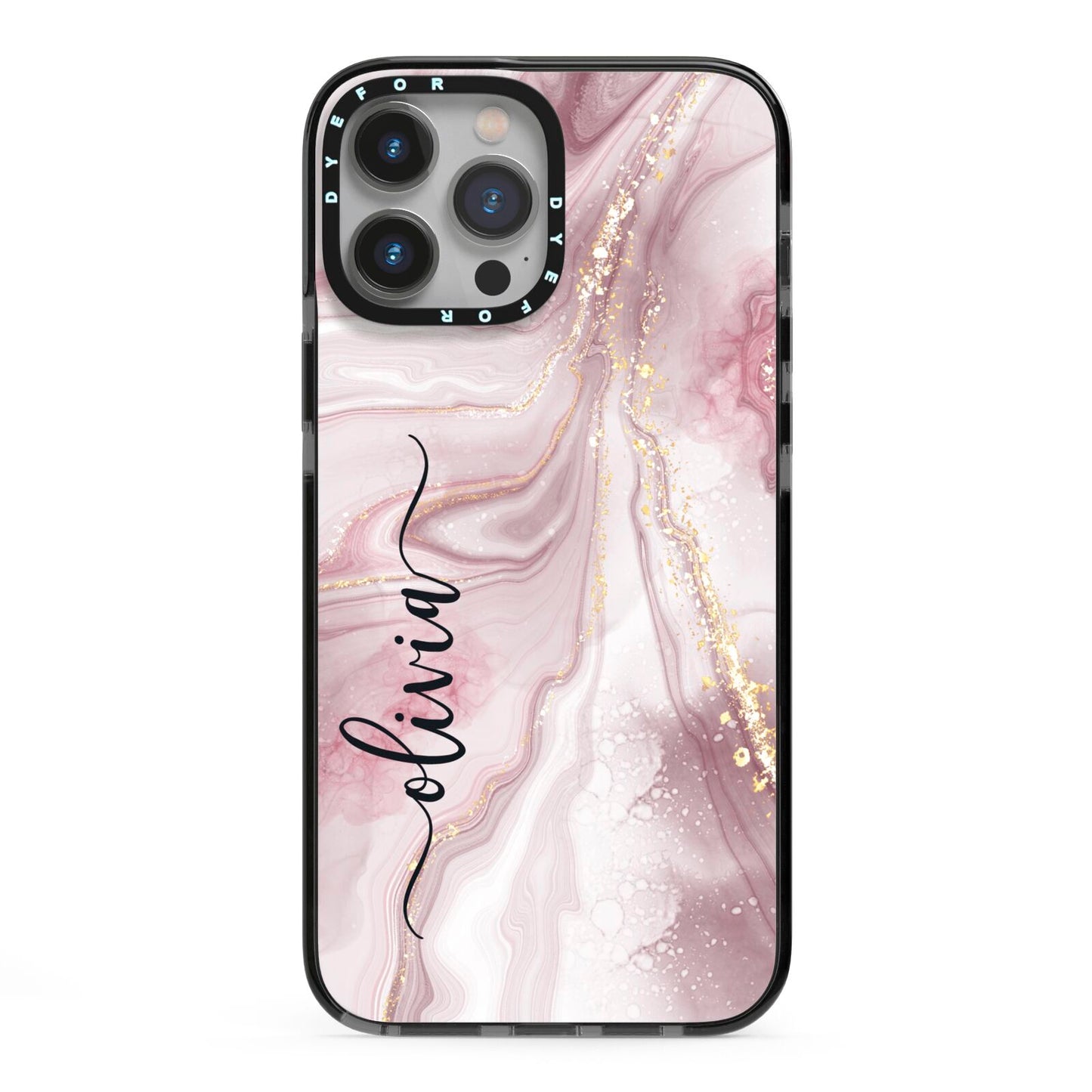 Pink Marble iPhone 13 Pro Max Black Impact Case on Silver phone