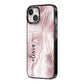 Pink Marble iPhone 14 Black Impact Case Side Angle on Silver phone