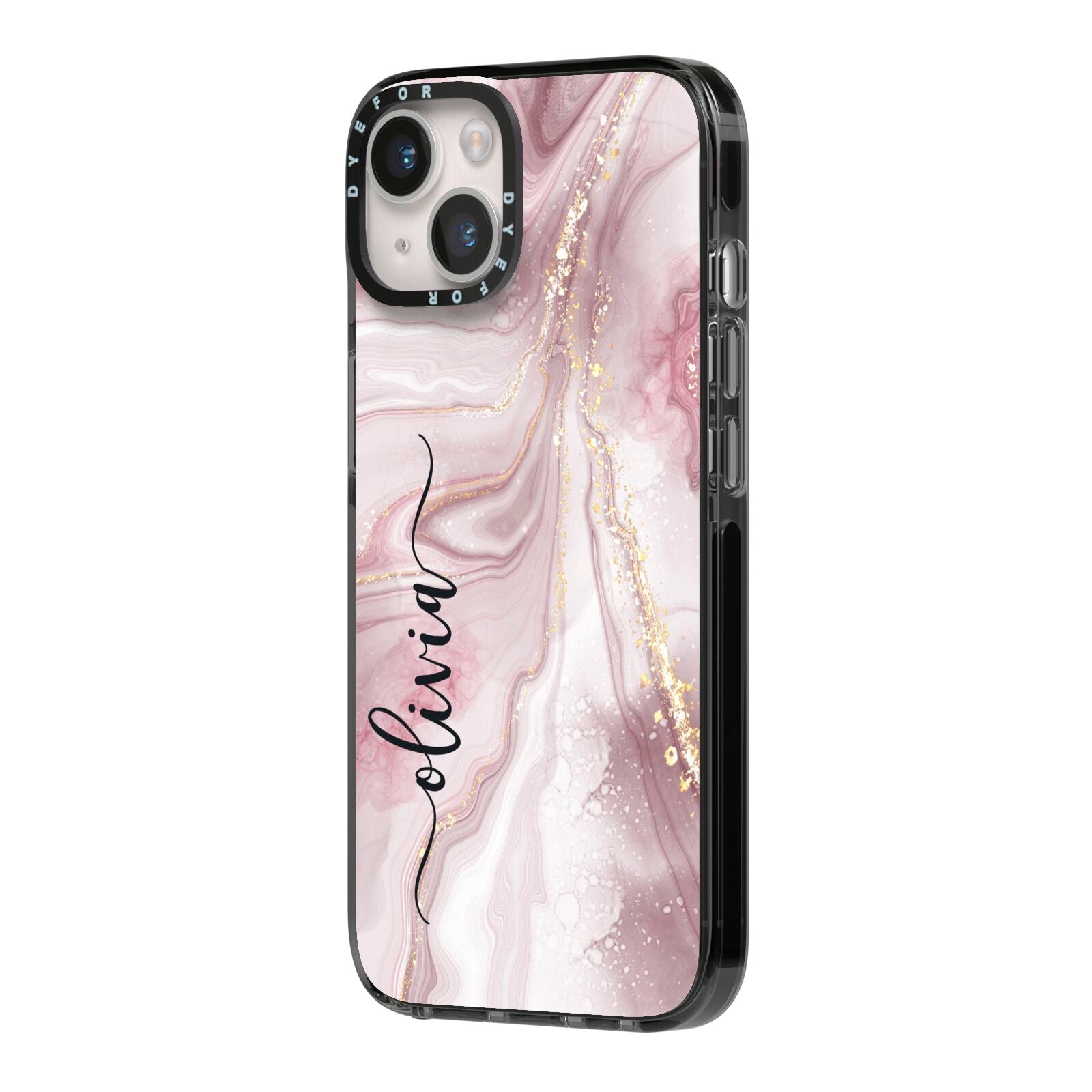 Pink Marble iPhone 14 Black Impact Case Side Angle on Silver phone