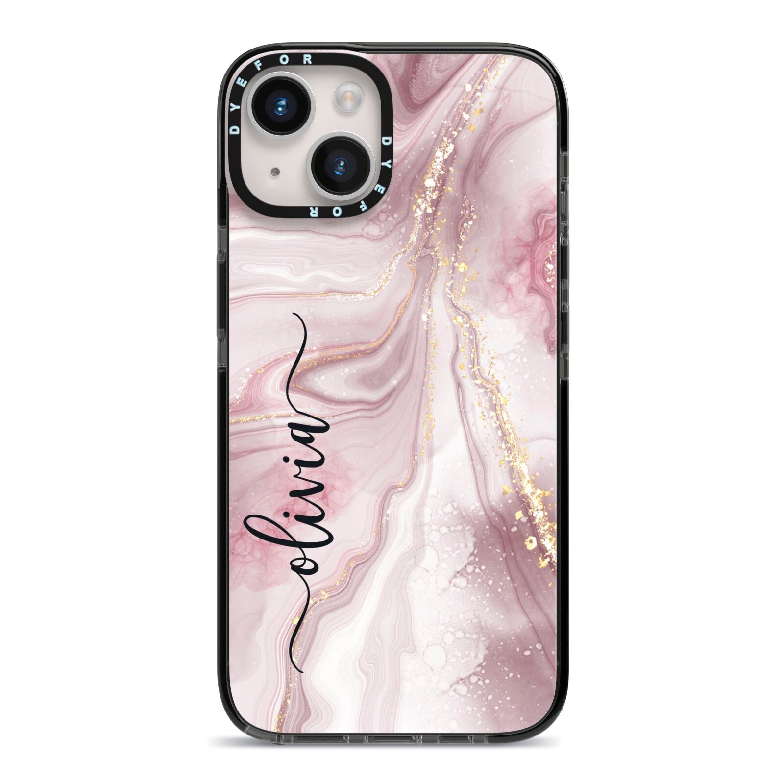 Pink Marble iPhone 14 Black Impact Case on Silver phone