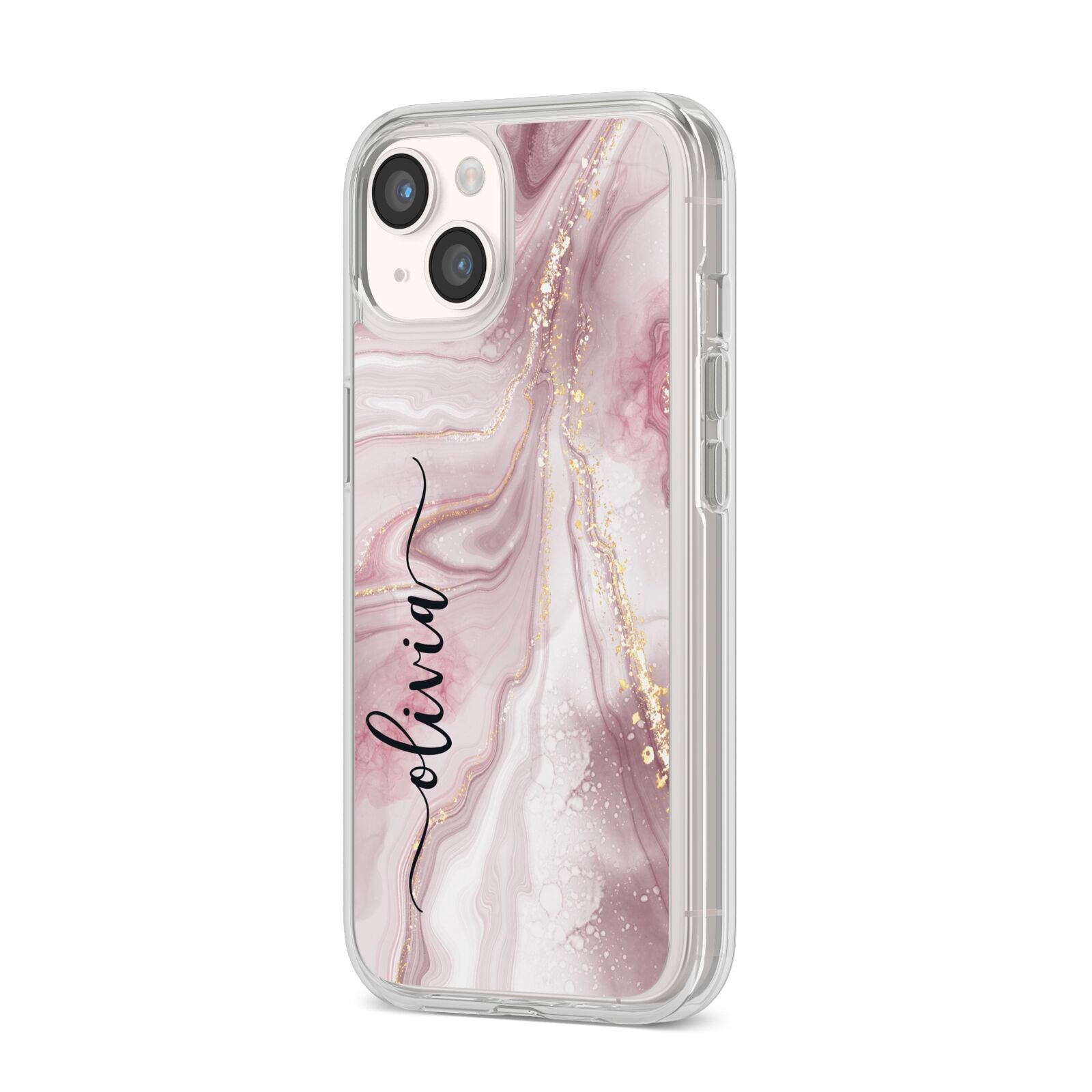 Pink Marble iPhone 14 Clear Tough Case Starlight Angled Image