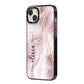Pink Marble iPhone 14 Plus Black Impact Case Side Angle on Silver phone