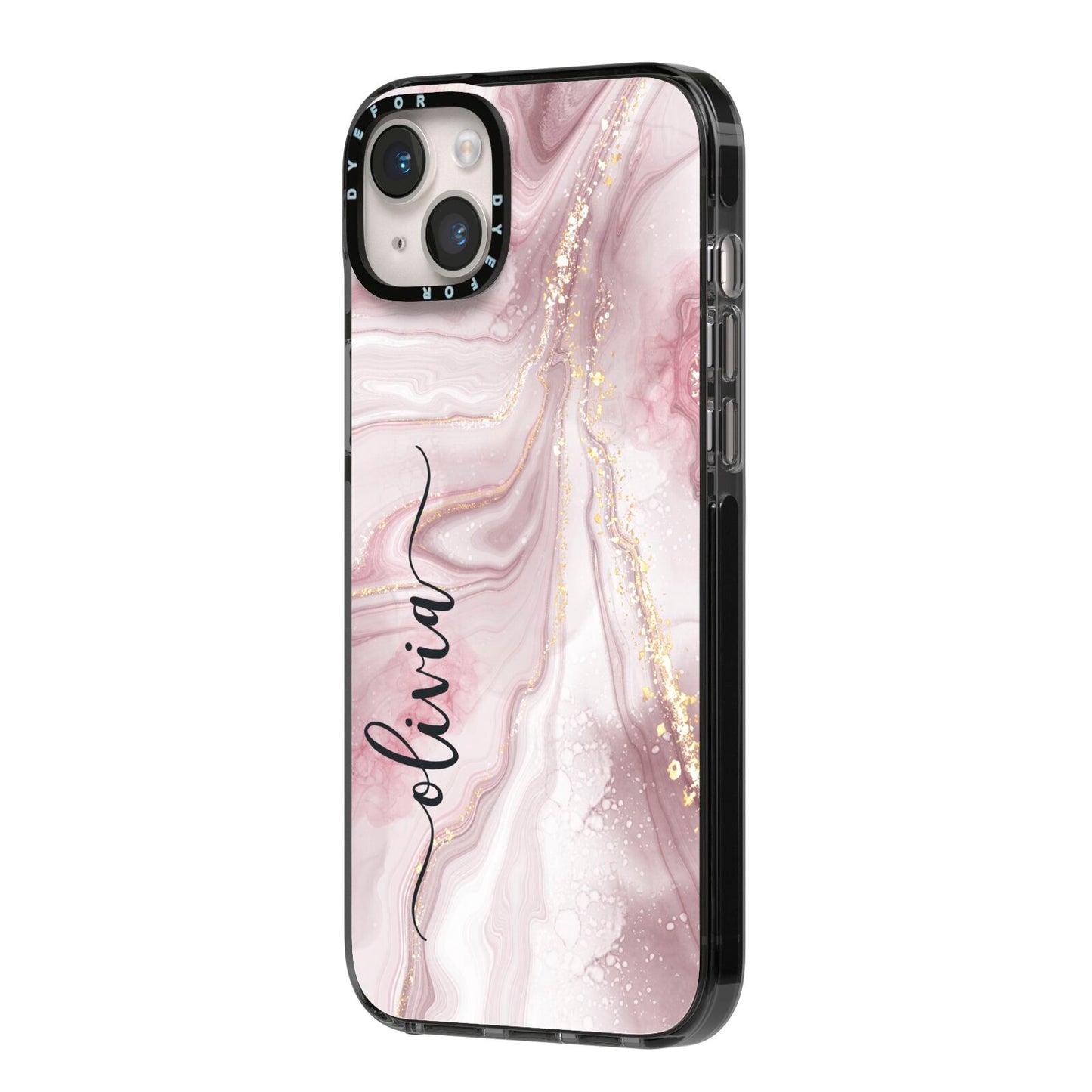 Pink Marble iPhone 14 Plus Black Impact Case Side Angle on Silver phone