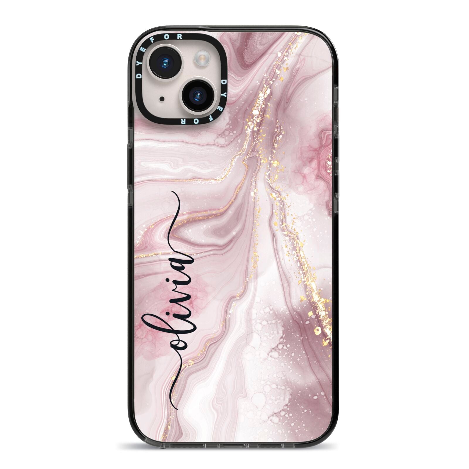 Pink Marble iPhone 14 Plus Black Impact Case on Silver phone