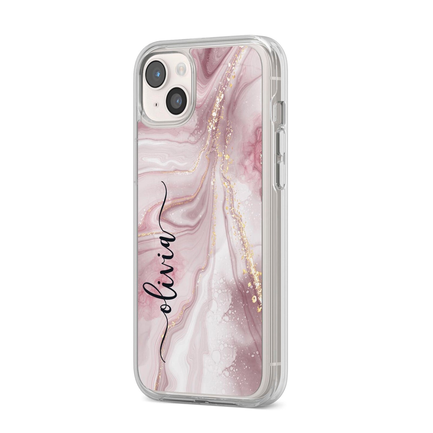 Pink Marble iPhone 14 Plus Clear Tough Case Starlight Angled Image