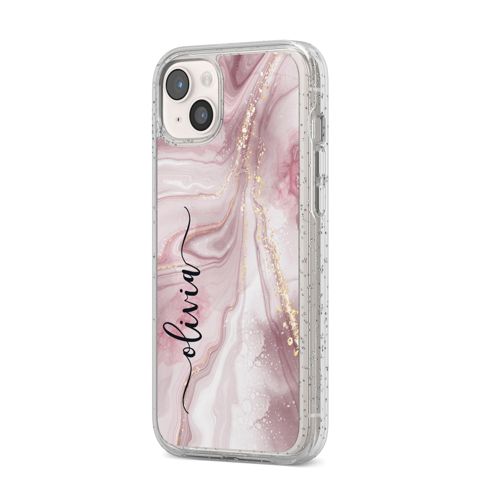 Pink Marble iPhone 14 Plus Glitter Tough Case Starlight Angled Image