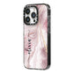 Pink Marble iPhone 14 Pro Black Impact Case Side Angle on Silver phone