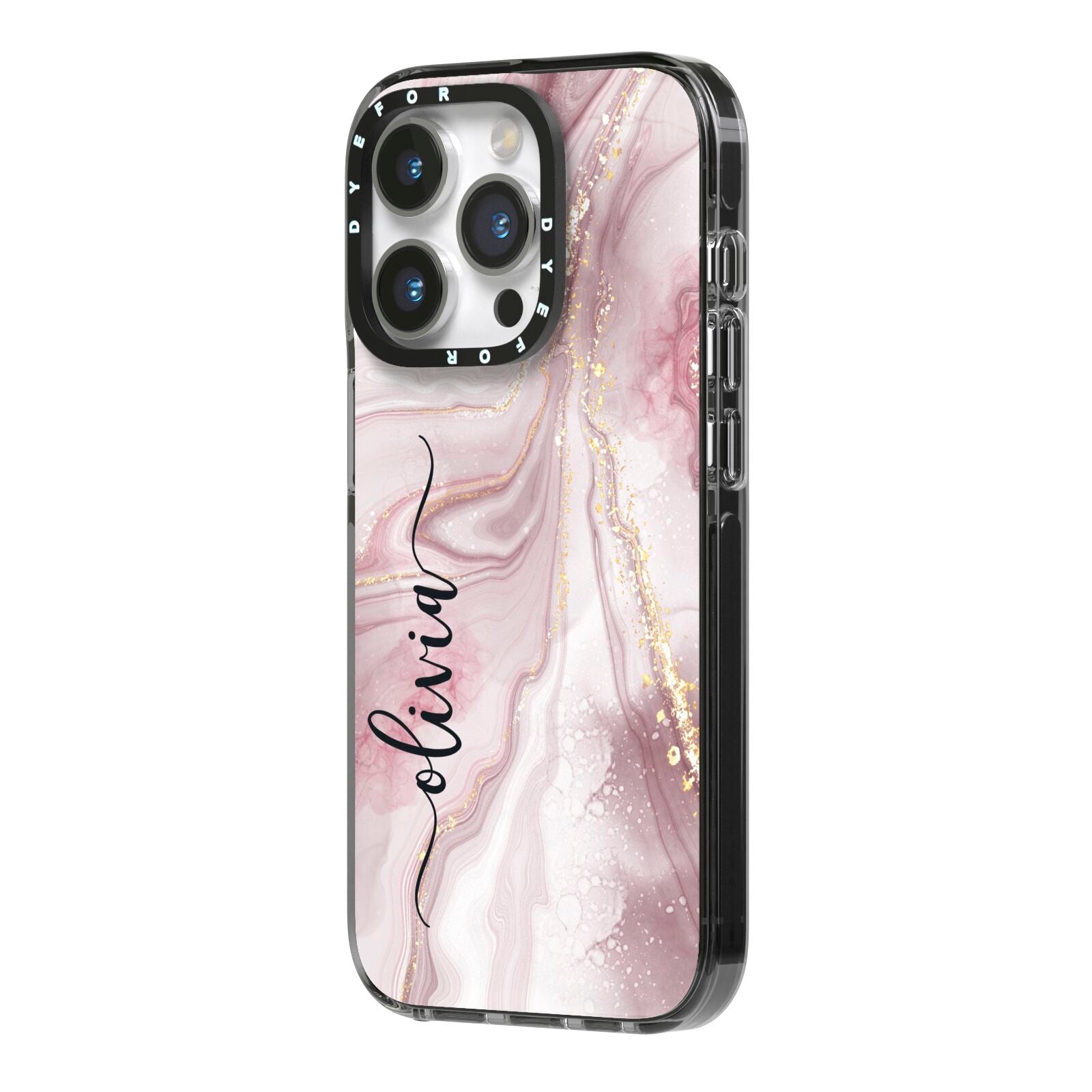 Pink Marble iPhone 14 Pro Black Impact Case Side Angle on Silver phone