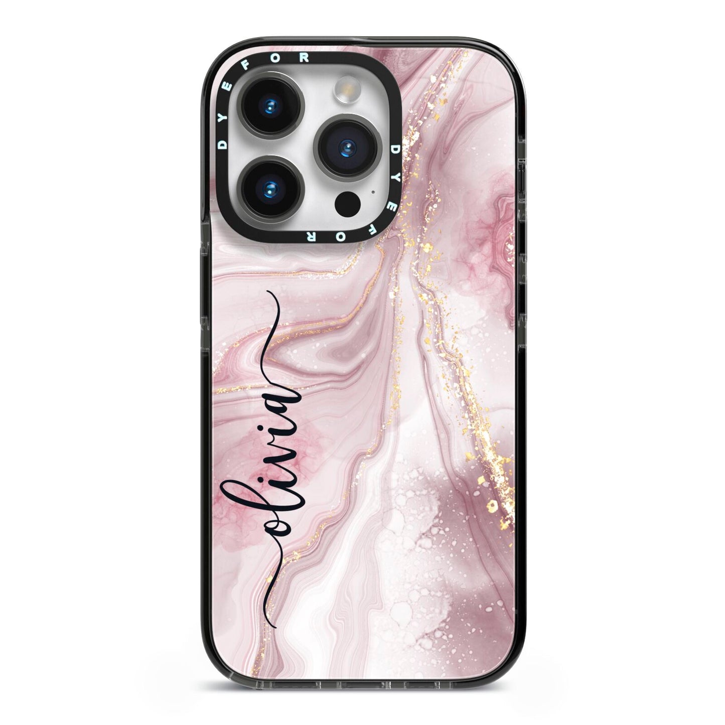 Pink Marble iPhone 14 Pro Black Impact Case on Silver phone