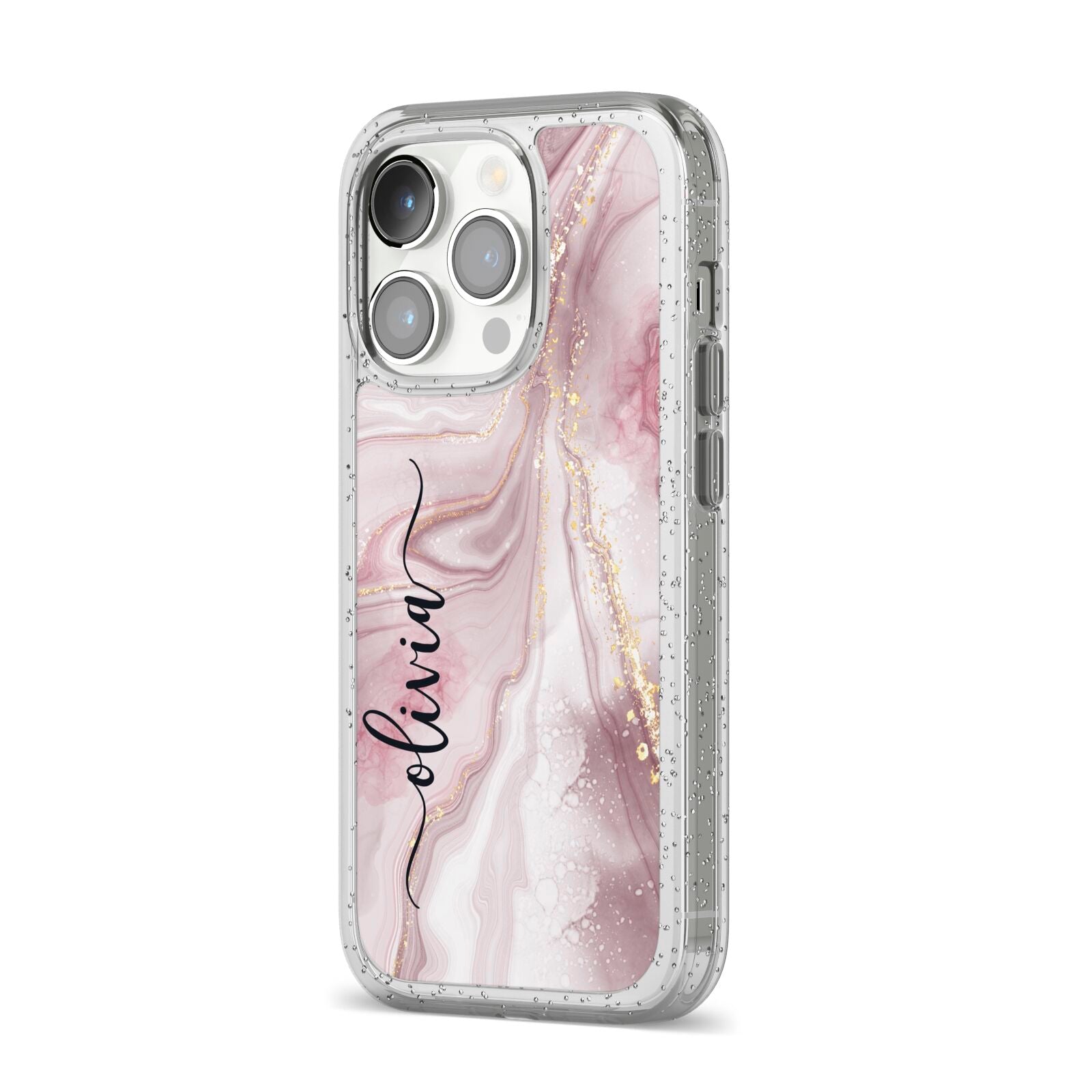 Pink Marble iPhone 14 Pro Glitter Tough Case Silver Angled Image
