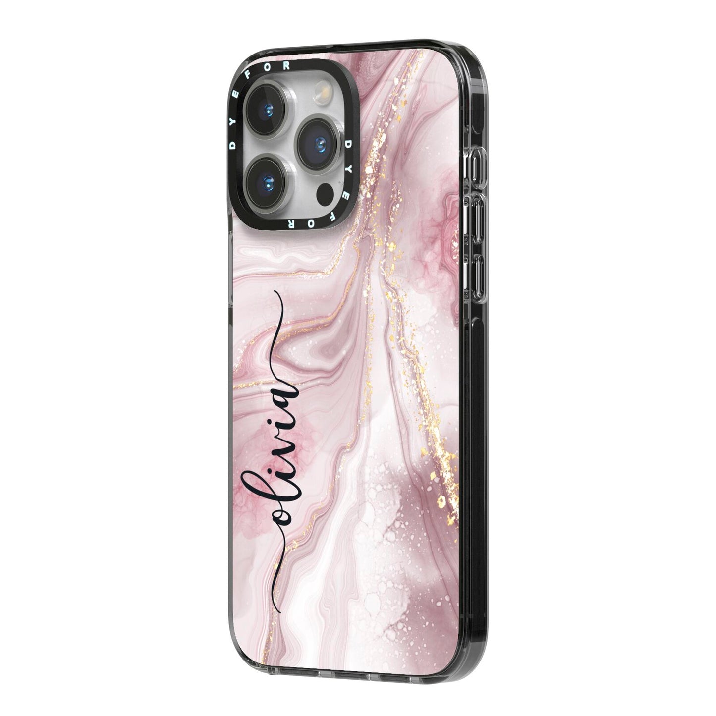 Pink Marble iPhone 14 Pro Max Black Impact Case Side Angle on Silver phone