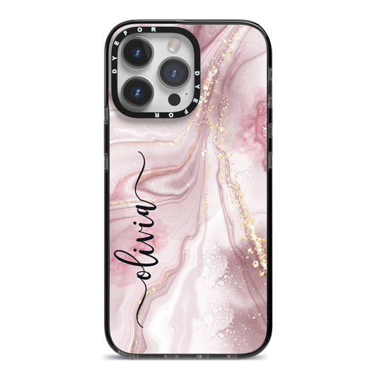 Pink Marble iPhone 14 Pro Max Black Impact Case on Silver phone