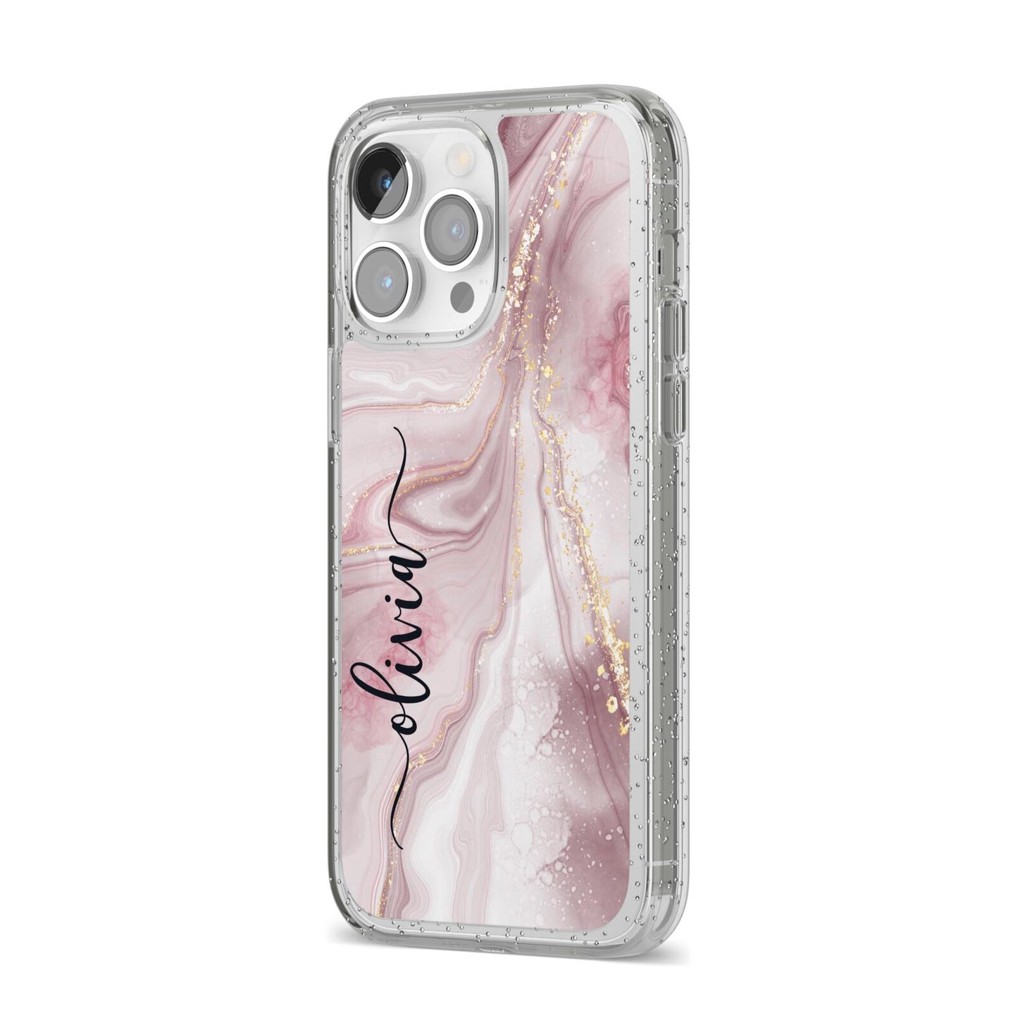 Pink Marble iPhone 14 Pro Max Glitter Tough Case Silver Angled Image