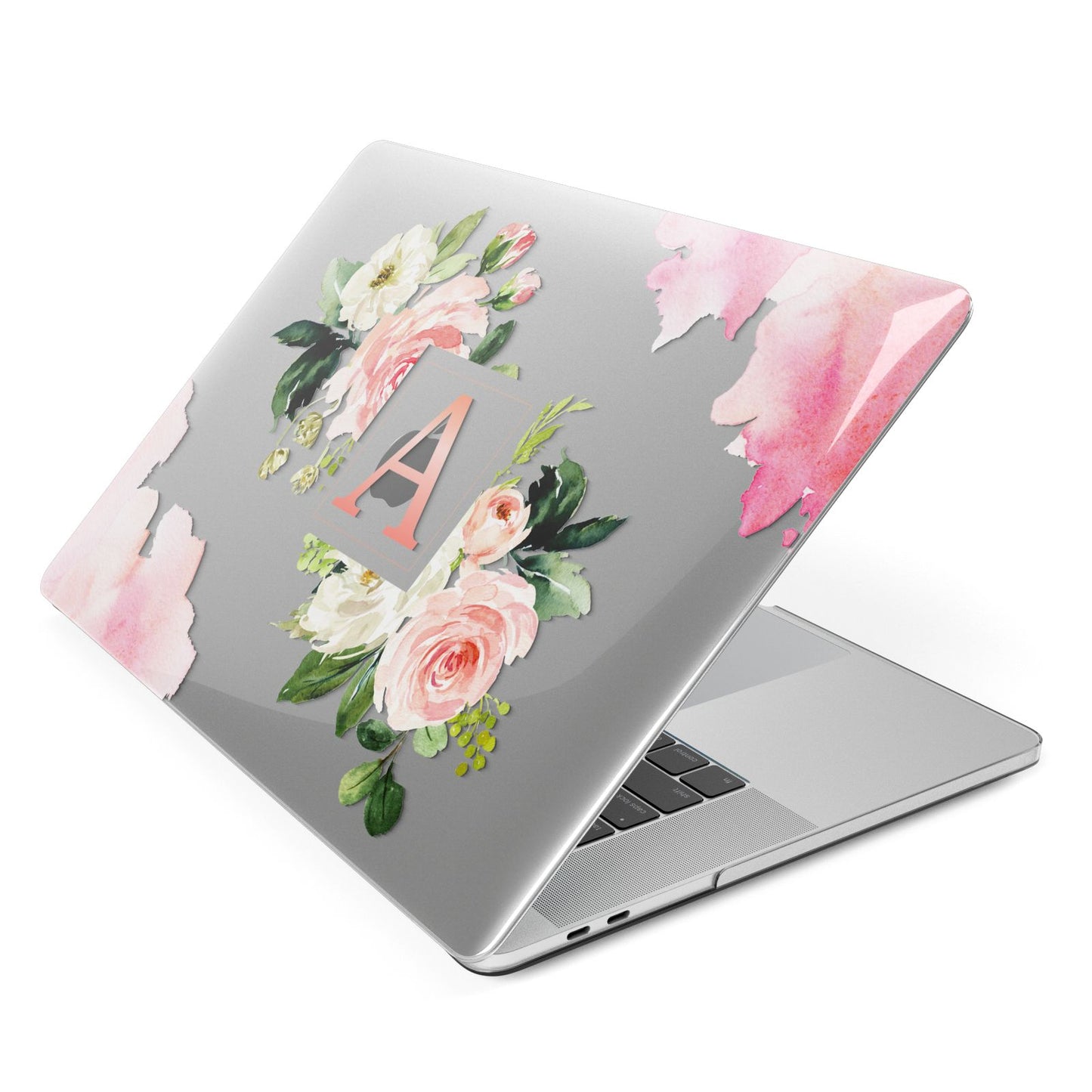 Pink Monogram Floral Roses Personalised Apple MacBook Case Side View