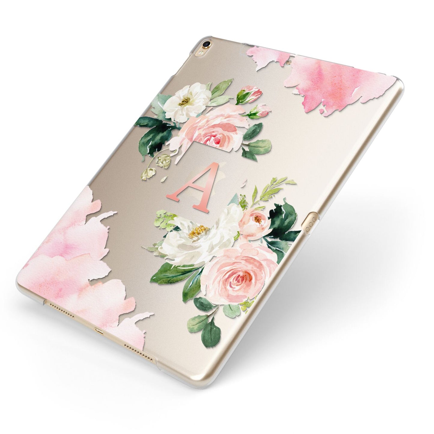 Pink Monogram Floral Roses Personalised Apple iPad Case on Gold iPad Side View