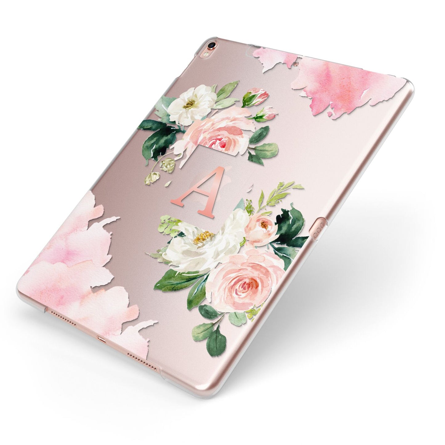 Pink Monogram Floral Roses Personalised Apple iPad Case on Rose Gold iPad Side View