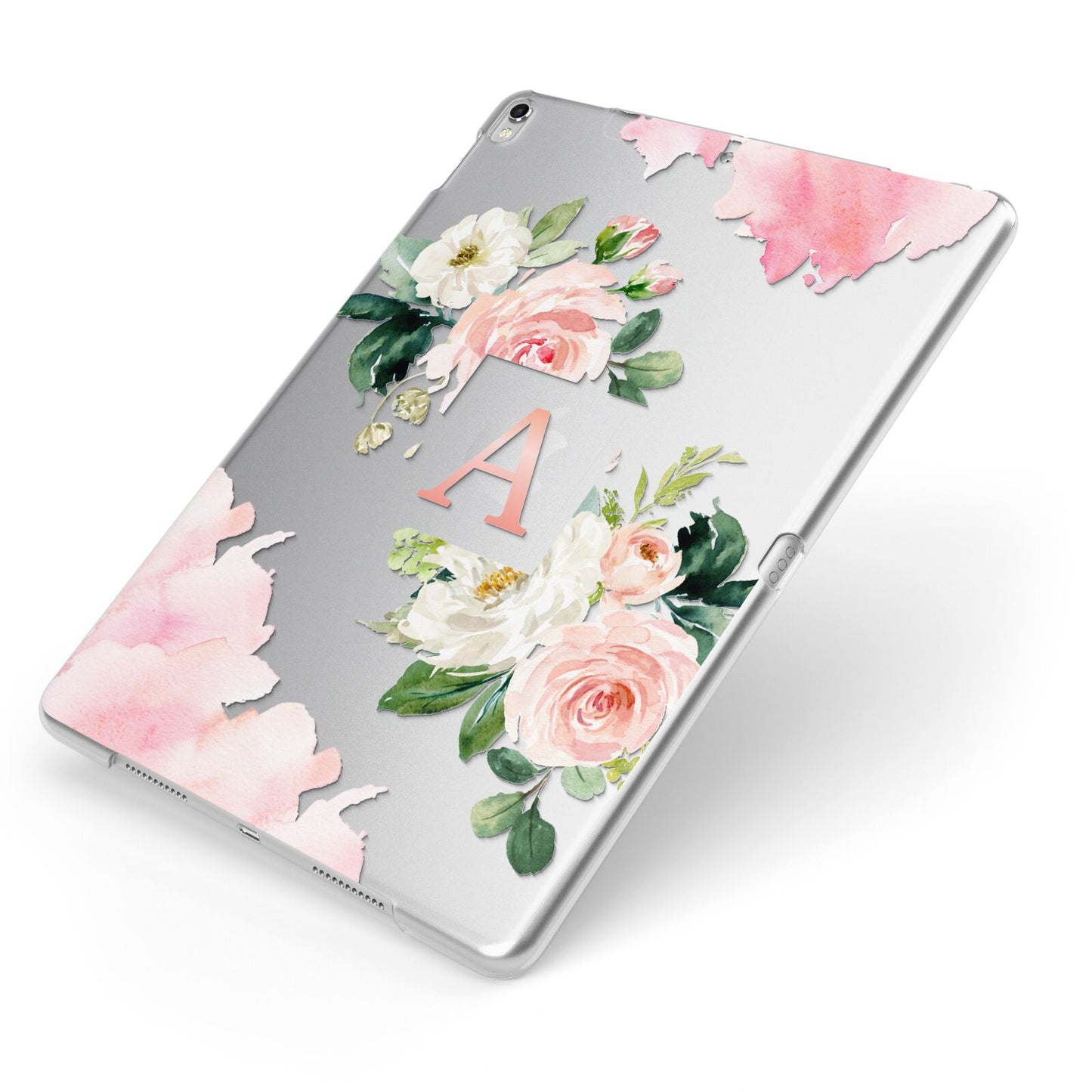 Pink Monogram Floral Roses Personalised Apple iPad Case on Silver iPad Side View