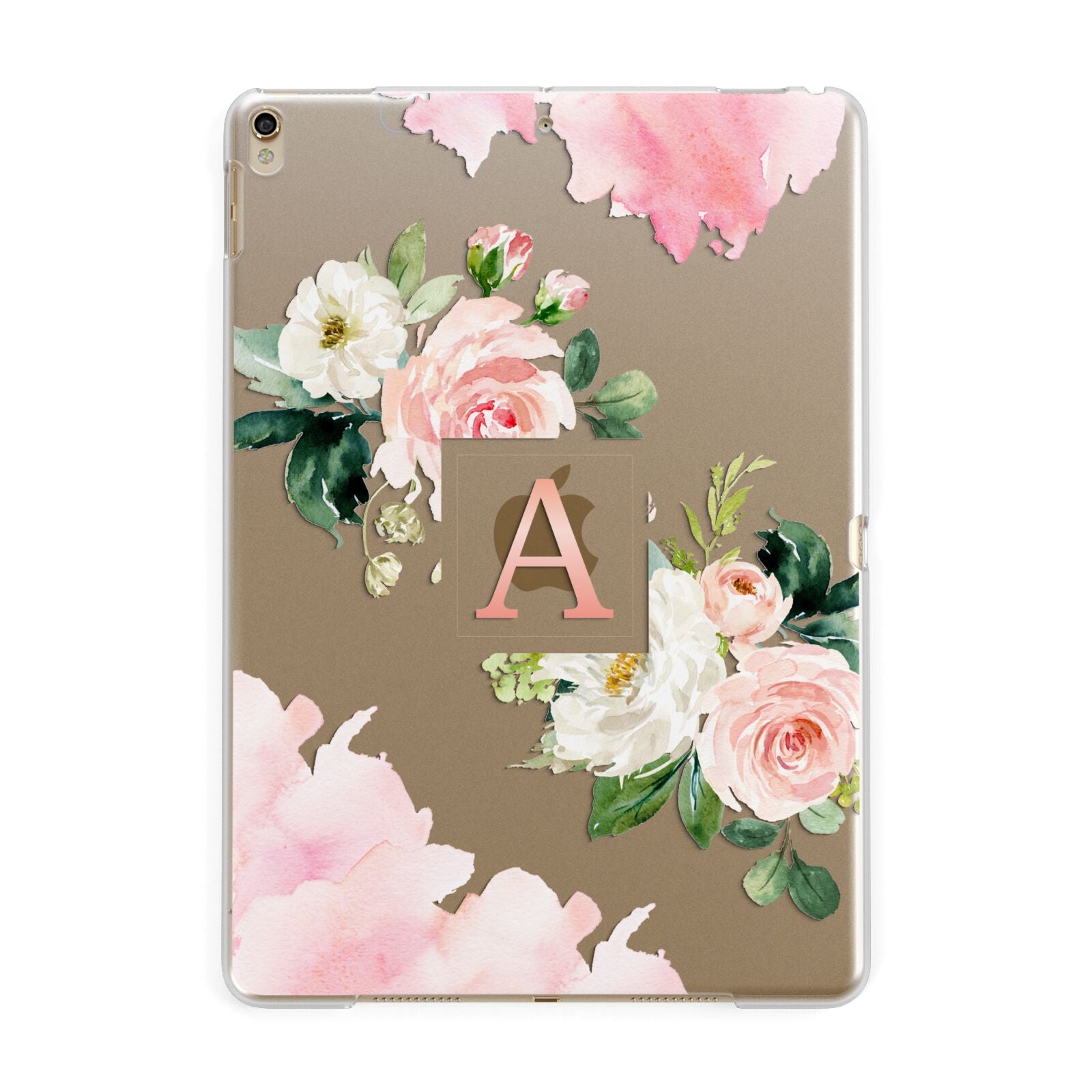Pink Monogram Floral Roses Personalised Apple iPad Gold Case