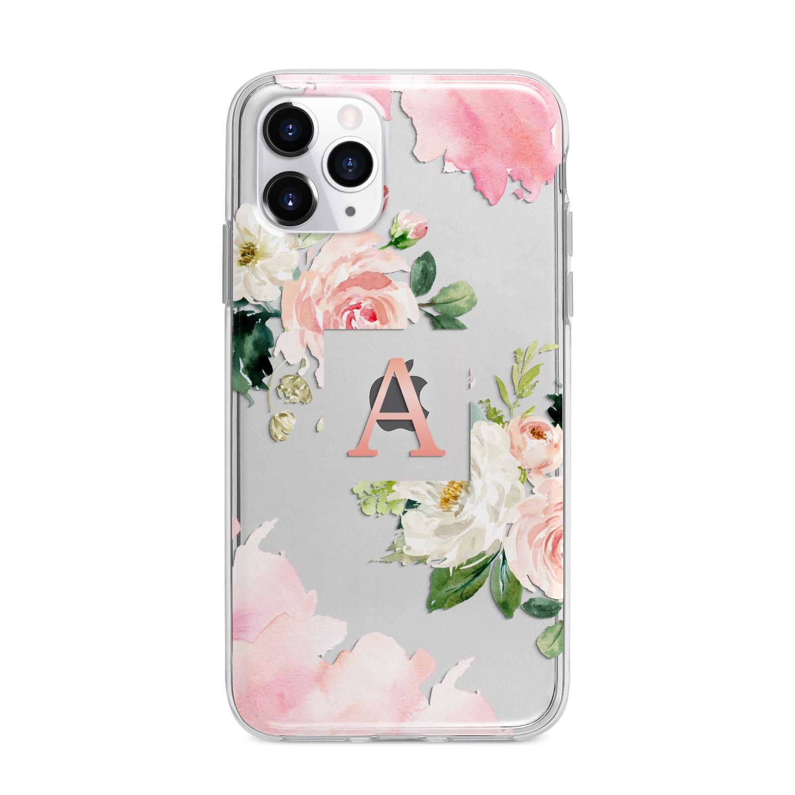 Pink Monogram Floral Roses Personalised Apple iPhone 11 Pro Max in Silver with Bumper Case