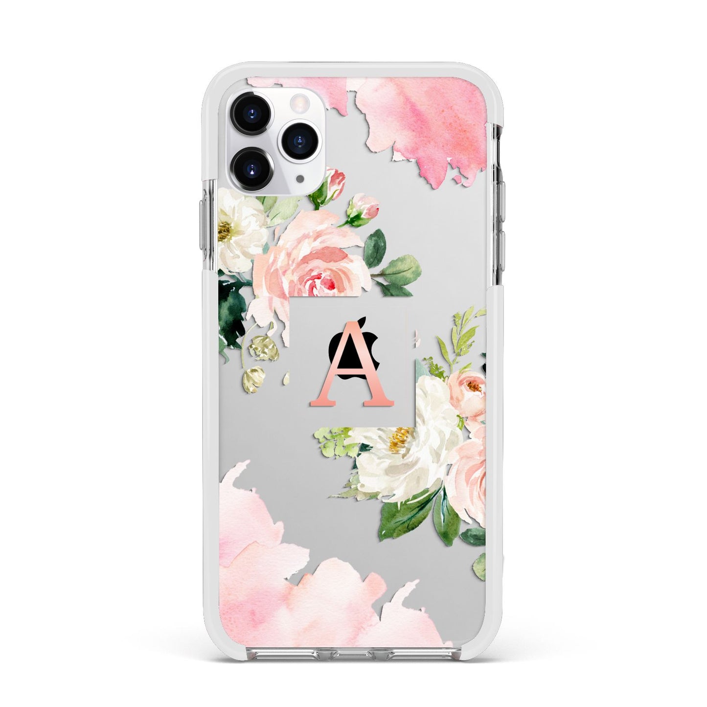Pink Monogram Floral Roses Personalised Apple iPhone 11 Pro Max in Silver with White Impact Case