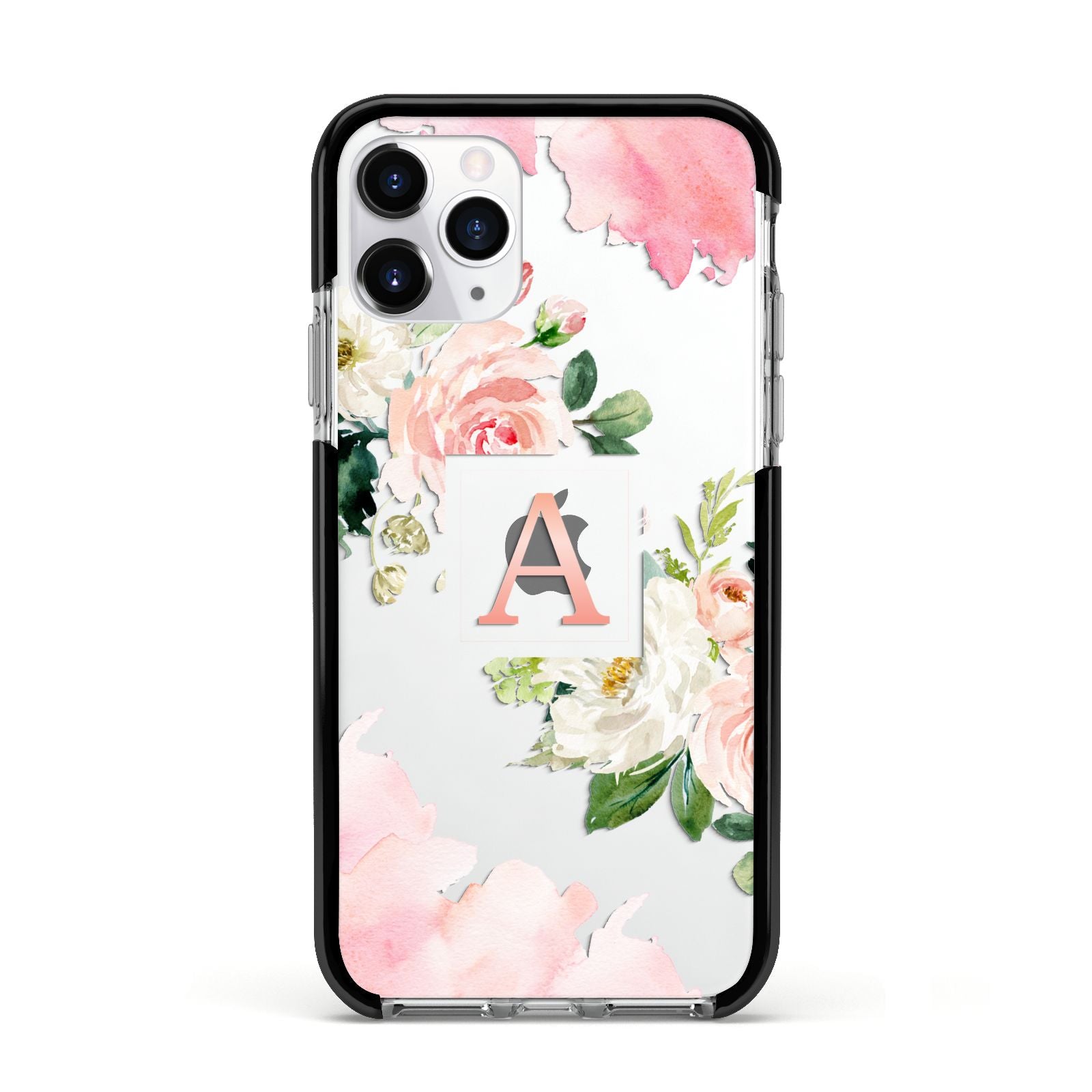 Pink Monogram Floral Roses Personalised Apple iPhone 11 Pro in Silver with Black Impact Case