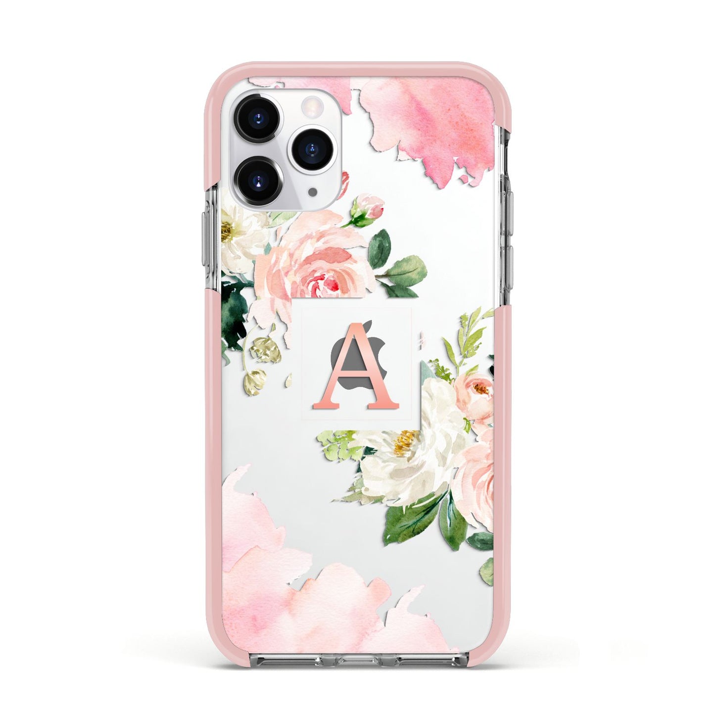 Pink Monogram Floral Roses Personalised Apple iPhone 11 Pro in Silver with Pink Impact Case
