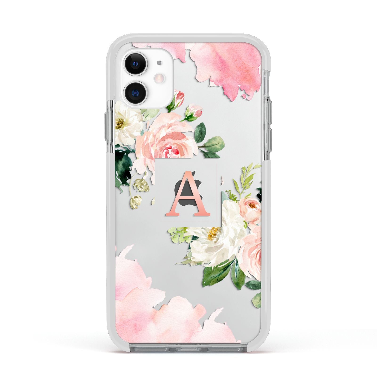 Pink Monogram Floral Roses Personalised Apple iPhone 11 in White with White Impact Case