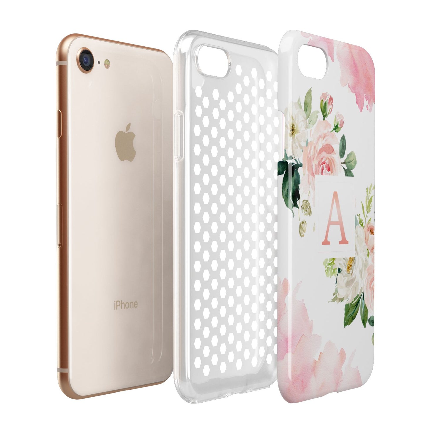 Pink Monogram Floral Roses Personalised Apple iPhone 7 8 3D Tough Case Expanded View