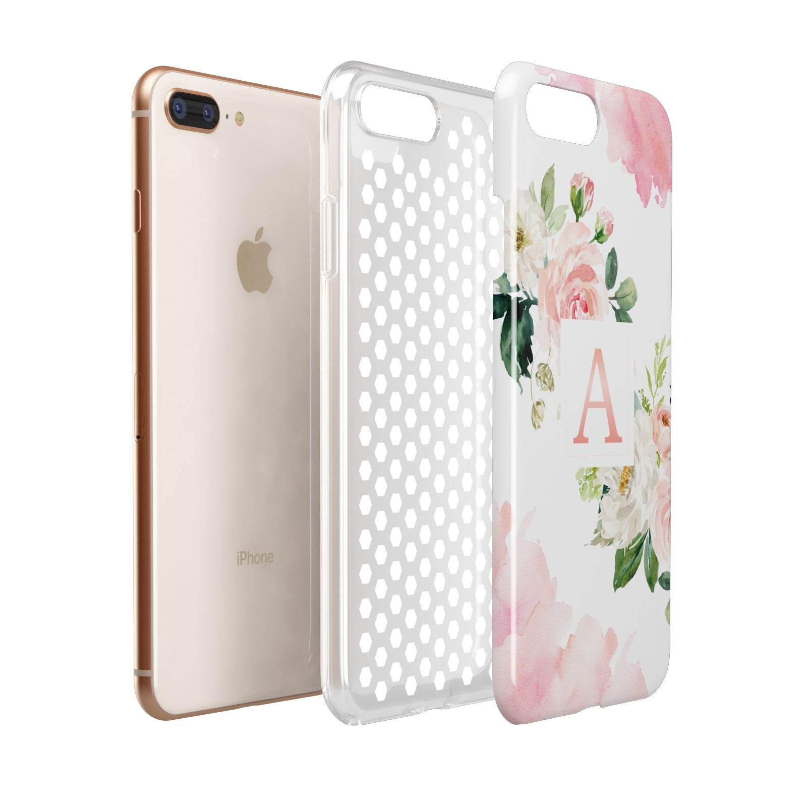 Pink Monogram Floral Roses Personalised Apple iPhone 7 8 Plus 3D Tough Case Expanded View