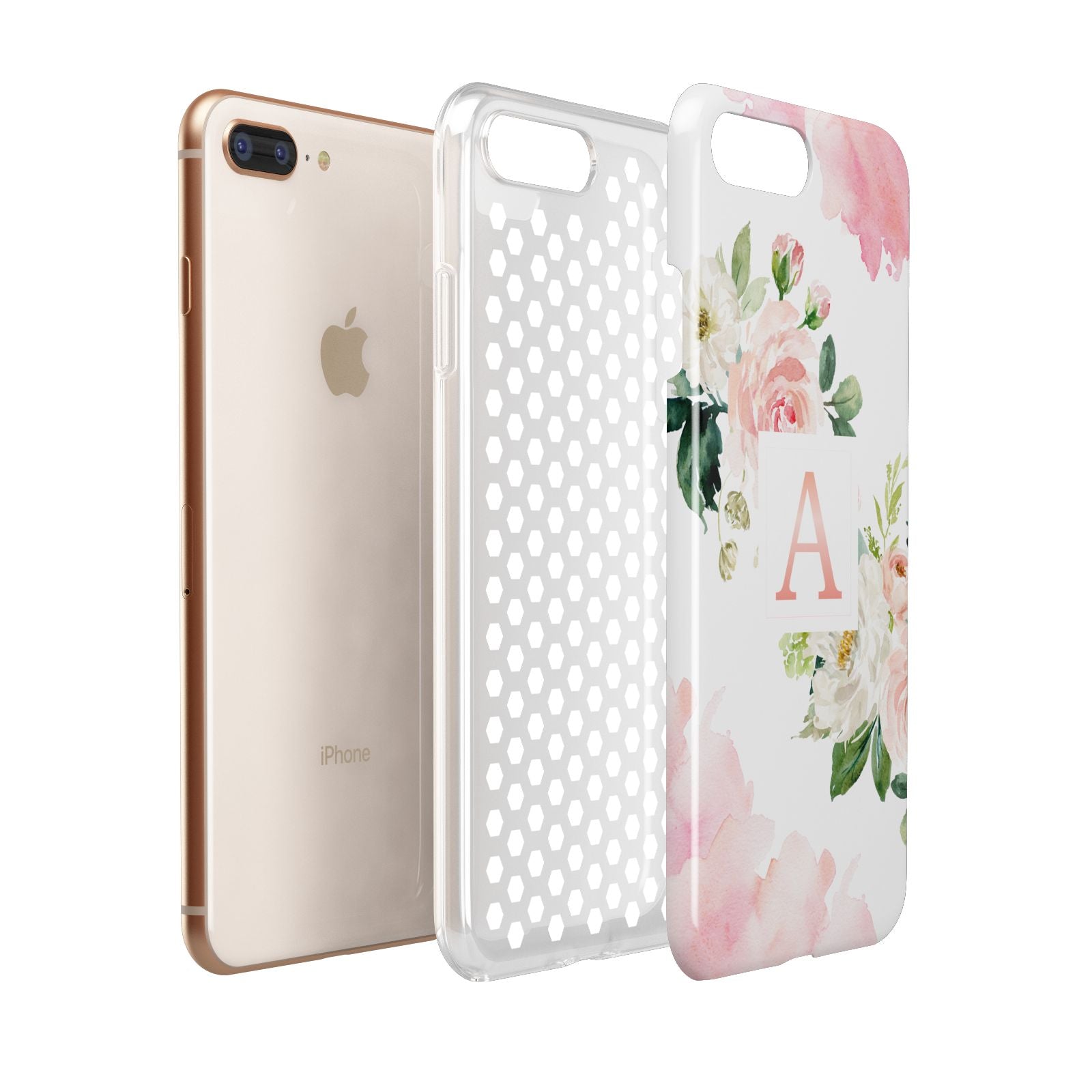 Pink Monogram Floral Roses Personalised Apple iPhone 7 8 Plus 3D Tough Case Expanded View