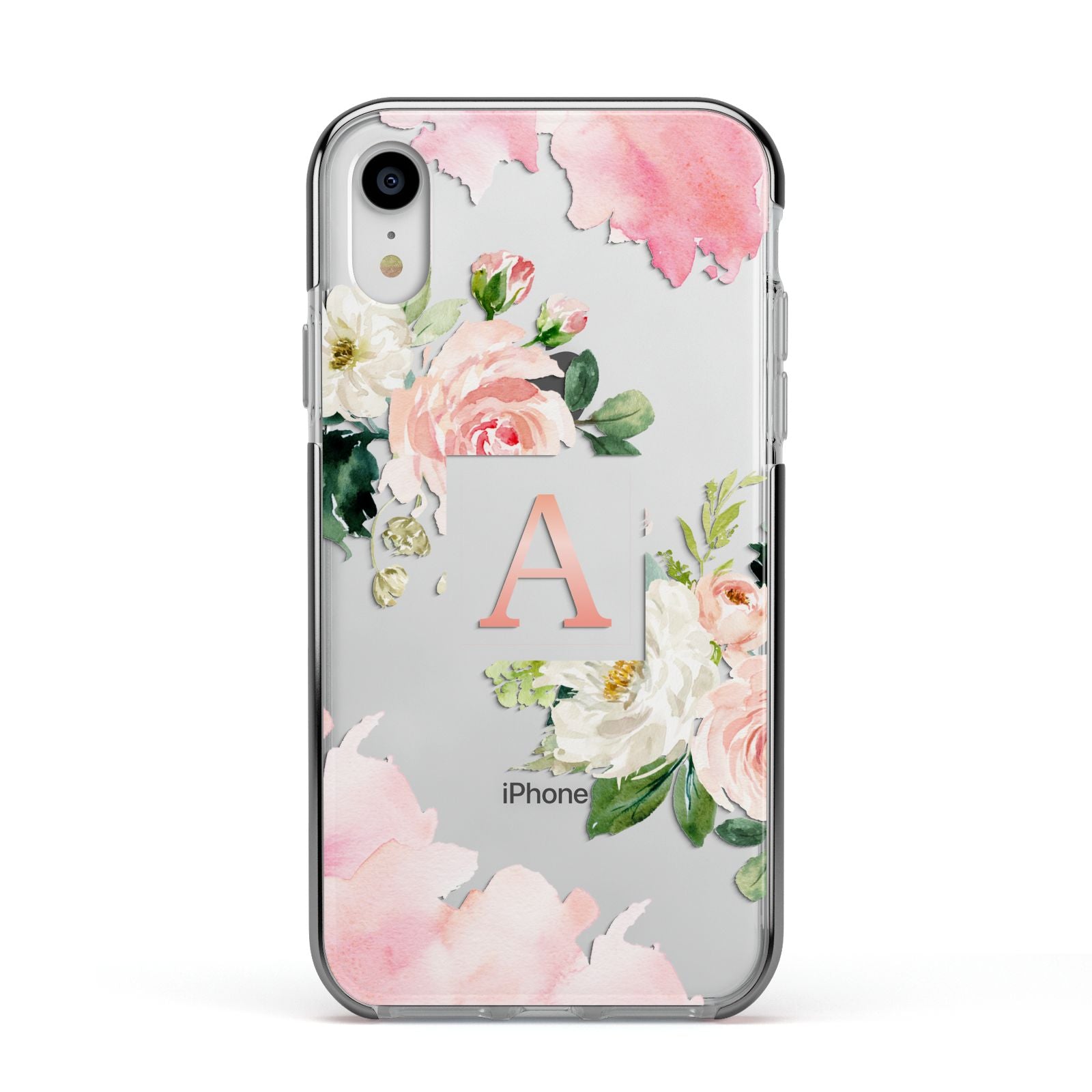 Pink Monogram Floral Roses Personalised Apple iPhone XR Impact Case Black Edge on Silver Phone