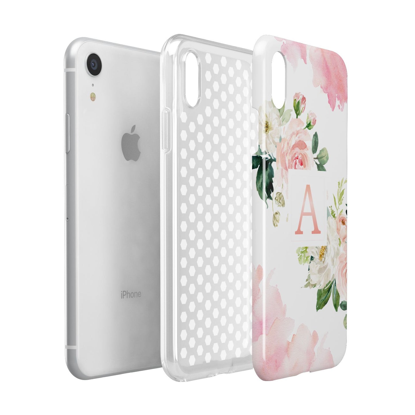 Pink Monogram Floral Roses Personalised Apple iPhone XR White 3D Tough Case Expanded view