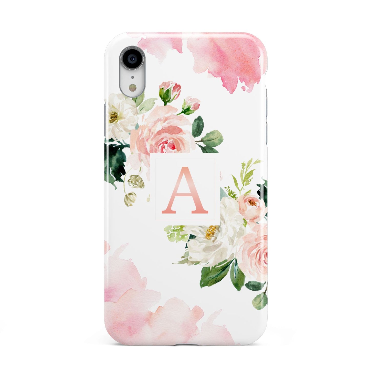 Pink Monogram Floral Roses Personalised Apple iPhone XR White 3D Tough Case