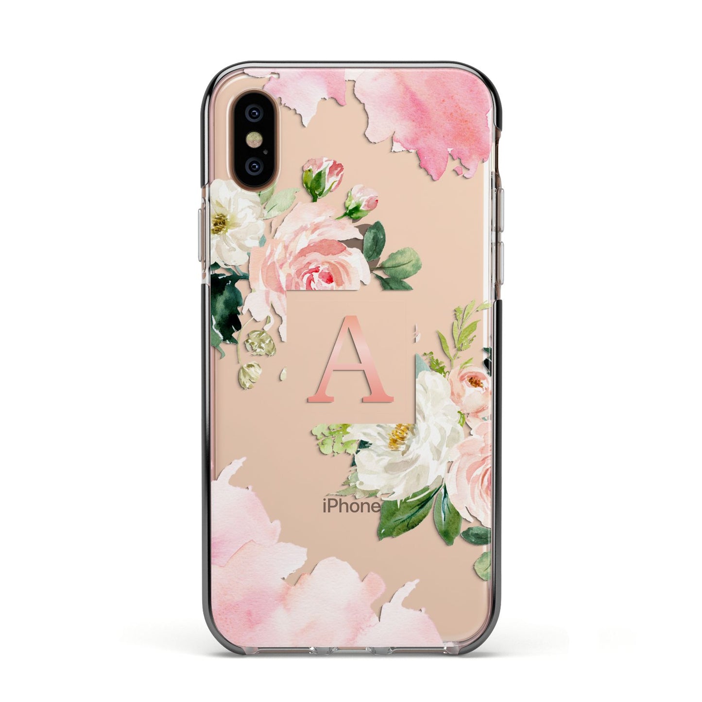 Pink Monogram Floral Roses Personalised Apple iPhone Xs Impact Case Black Edge on Gold Phone