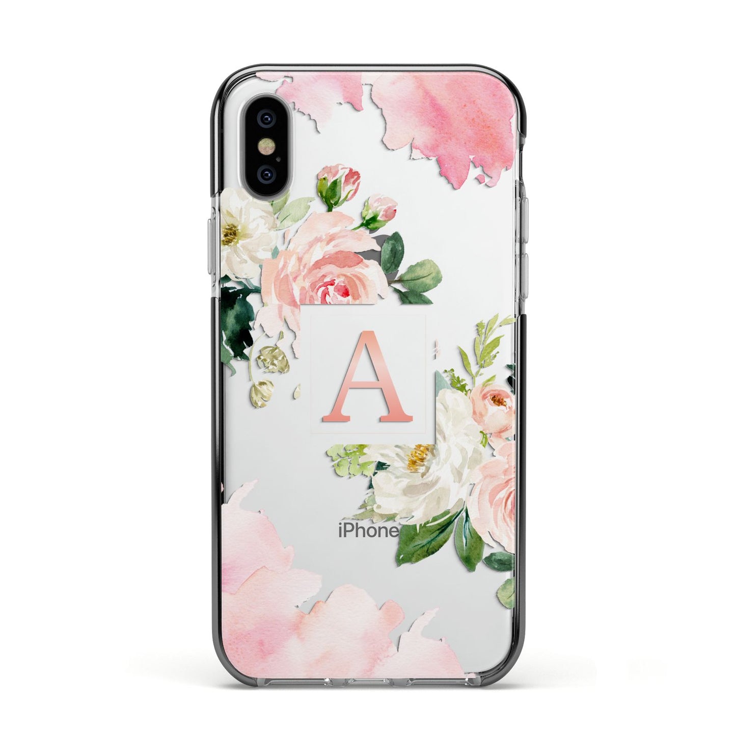 Pink Monogram Floral Roses Personalised Apple iPhone Xs Impact Case Black Edge on Silver Phone