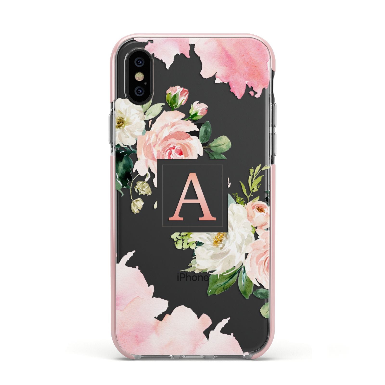 Pink Monogram Floral Roses Personalised Apple iPhone Xs Impact Case Pink Edge on Black Phone