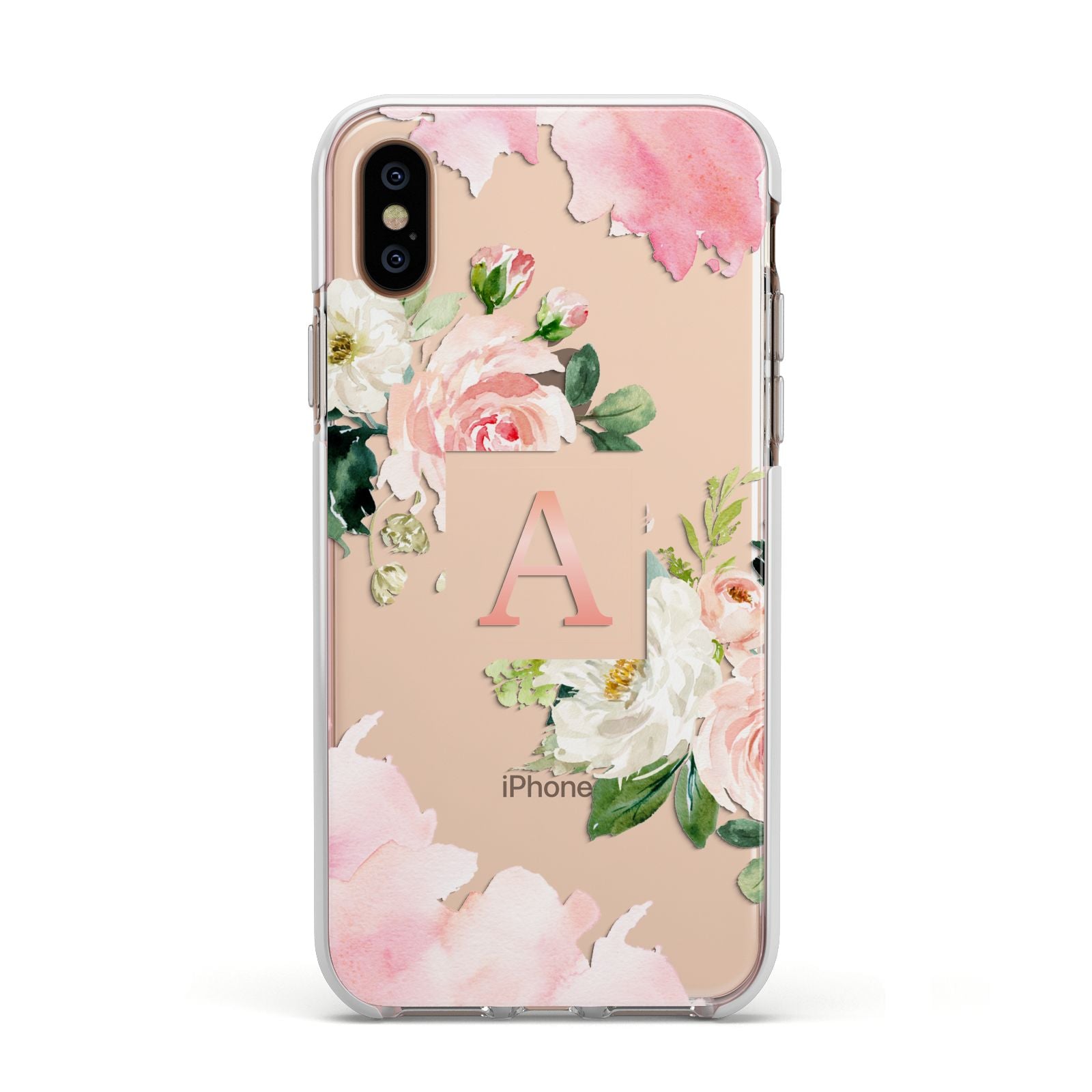 Pink Monogram Floral Roses Personalised Apple iPhone Xs Impact Case White Edge on Gold Phone