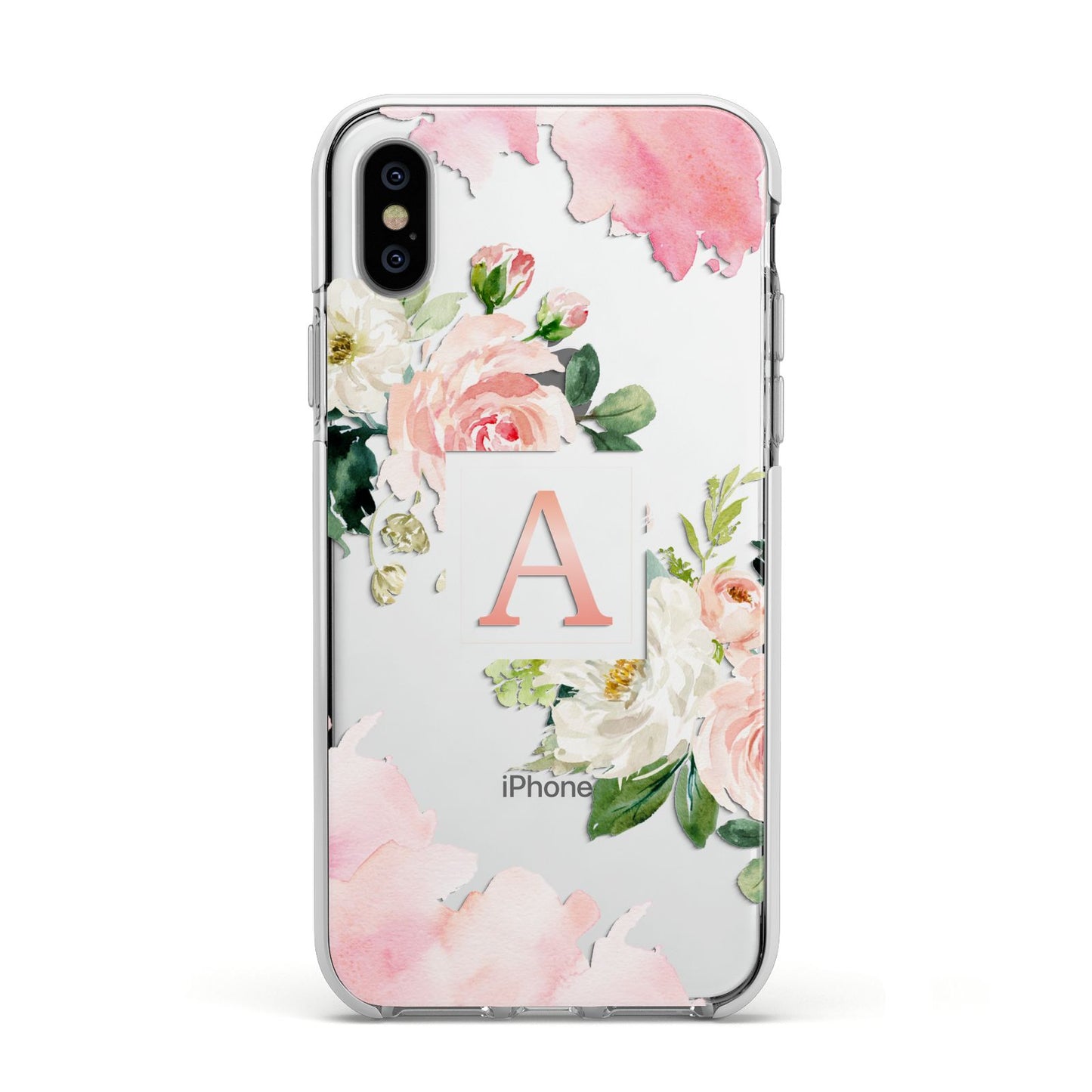 Pink Monogram Floral Roses Personalised Apple iPhone Xs Impact Case White Edge on Silver Phone